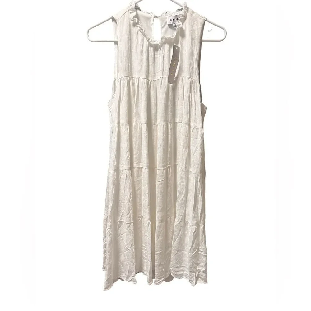 Gilli NWT Sleeveless Ruffle Neck Tiered Dress White Size Medium - Picture 2 of 6